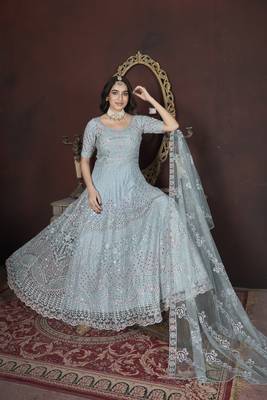 Sky blue thread embroidered work with zarkan net anarkali salwar suit palazzo with dupatta fstive stitched long gown 5