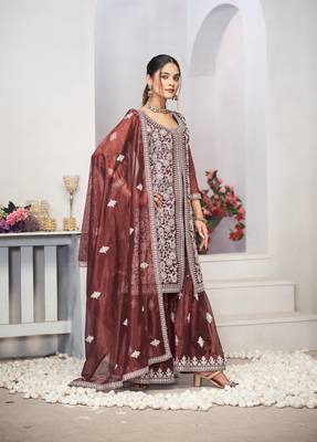 Brown dori with sequince embroidery twill net festive palazzo straight pakistani salwar suit dupatta semi stitched 6