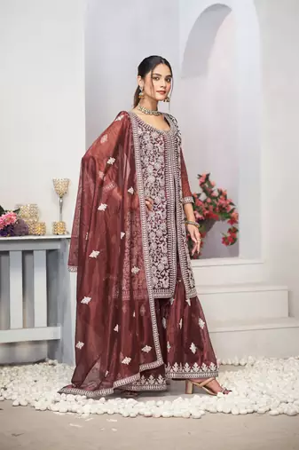 Brown dori with sequince embroidery twill net festive palazzo straight pakistani salwar suit dupatta semi stitched