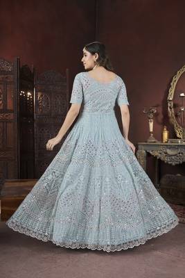 Sky blue thread embroidered work with zarkan net anarkali salwar suit palazzo with dupatta fstive stitched long gown 6