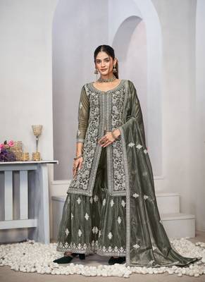 Olive green dori with sequince embroidery twill net festive palazzo straight pakistani salwar suit dupatta semi stitched 1