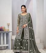 Olive green dori with sequince embroidery twill net festive palazzo straight pakistani salwar suit dupatta semi stitched