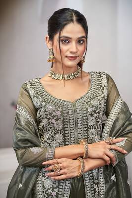 Olive green dori with sequince embroidery twill net festive palazzo straight pakistani salwar suit dupatta semi stitched 3