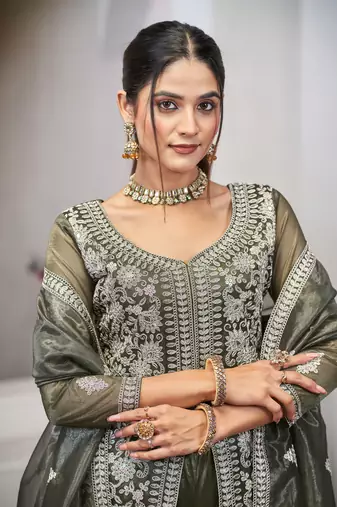 Olive green dori with sequince embroidery twill net festive palazzo straight pakistani salwar suit dupatta semi stitched