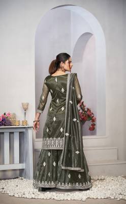Olive green dori with sequince embroidery twill net festive palazzo straight pakistani salwar suit dupatta semi stitched 4