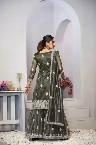 Olive green dori with sequince embroidery twill net festive palazzo straight pakistani salwar suit dupatta semi stitched