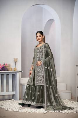 Olive green dori with sequince embroidery twill net festive palazzo straight pakistani salwar suit dupatta semi stitched 5