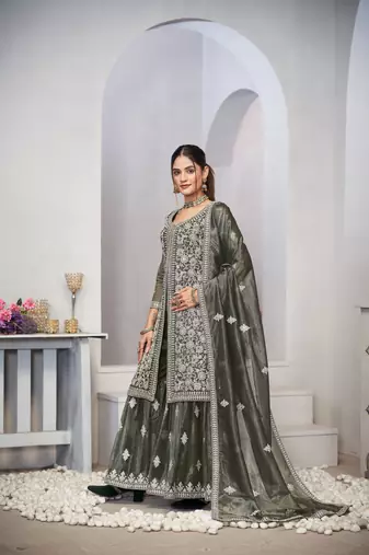 Olive green dori with sequince embroidery twill net festive palazzo straight pakistani salwar suit dupatta semi stitched
