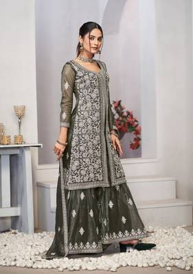 Olive green dori with sequince embroidery twill net festive palazzo straight pakistani salwar suit dupatta semi stitched 6