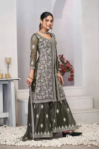 Olive green dori with sequince embroidery twill net festive palazzo straight pakistani salwar suit dupatta semi stitched