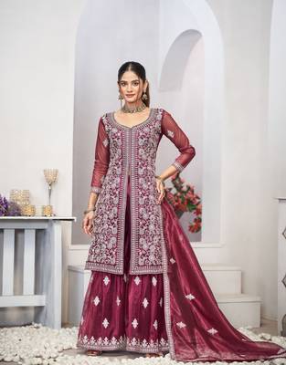 Pruple dori with sequince embroidery twill net festive palazzo straight pakistani salwar suit dupatta semi stitched 1