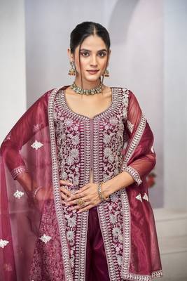 Pruple dori with sequince embroidery twill net festive palazzo straight pakistani salwar suit dupatta semi stitched 3