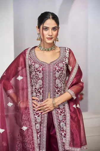 Pruple dori with sequince embroidery twill net festive palazzo straight pakistani salwar suit dupatta semi stitched