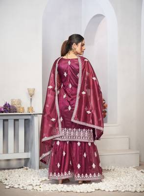 Pruple dori with sequince embroidery twill net festive palazzo straight pakistani salwar suit dupatta semi stitched 4