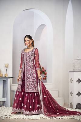 Pruple dori with sequince embroidery twill net festive palazzo straight pakistani salwar suit dupatta semi stitched 5