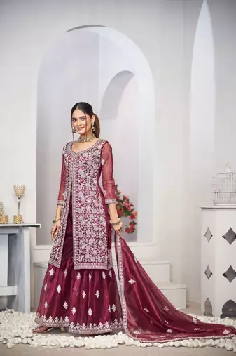 Pruple dori with sequince embroidery twill net festive palazzo straight pakistani salwar suit dupatta semi stitched