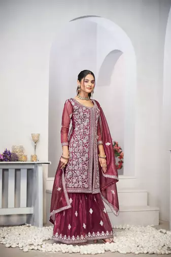 Pruple dori with sequince embroidery twill net festive palazzo straight pakistani salwar suit dupatta semi stitched