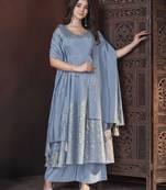 Sky blue foil print with mirror work roman silk anarkali salwar suit palazzo with dupatta fstive stitched long gown