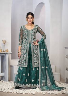 Turquoise dori with sequince embroidery twill net festive palazzo straight pakistani salwar suit dupatta semi stitched 1