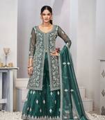 Turquoise dori with sequince embroidery twill net festive palazzo straight pakistani salwar suit dupatta semi stitched
