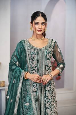 Turquoise dori with sequince embroidery twill net festive palazzo straight pakistani salwar suit dupatta semi stitched 3