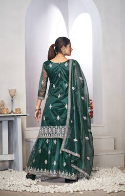 Turquoise dori with sequince embroidery twill net festive palazzo straight pakistani salwar suit dupatta semi stitched 4