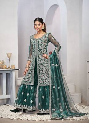 Turquoise dori with sequince embroidery twill net festive palazzo straight pakistani salwar suit dupatta semi stitched 5