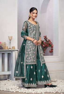 Turquoise dori with sequince embroidery twill net festive palazzo straight pakistani salwar suit dupatta semi stitched 6