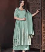 Light green foil print with mirror work roman silk anarkali salwar suit palazzo with dupatta fstive stitched long gown