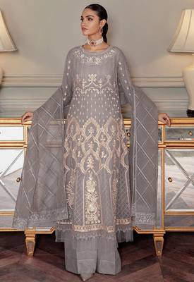 Grey zari with sequince embroidery net festive palazzo straight pakistani salwar suit dupatta semi stitched 1