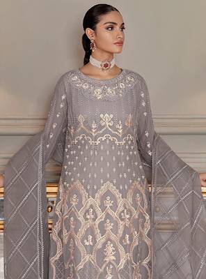 Grey zari with sequince embroidery net festive palazzo straight pakistani salwar suit dupatta semi stitched 2
