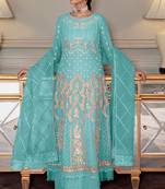 Turquoise zari with sequince embroidery net festive palazzo straight pakistani salwar suit dupatta semi stitched