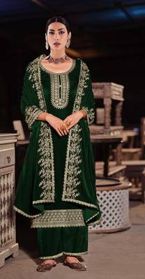 Green zari with sequince embroidery velvet festive palazzo straight pakistani salwar suit dupatta semi stitched 1