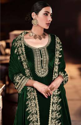 Green zari with sequince embroidery velvet festive palazzo straight pakistani salwar suit dupatta semi stitched 2