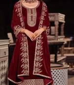 Maroon zari with sequince embroidery velvet festive palazzo straight pakistani salwar suit dupatta semi stitched