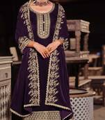 Purple zari with sequince embroidery velvet festive palazzo straight pakistani salwar suit dupatta semi stitched