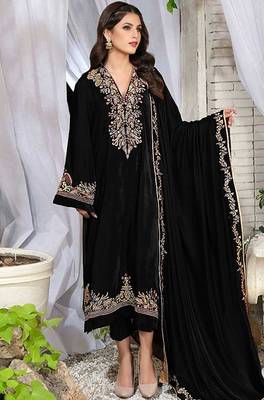Black thread with sequince embroidery velvet festive palazzo straight pakistani salwar suit dupatta semi stitched 1