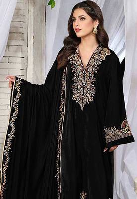 Black thread with sequince embroidery velvet festive palazzo straight pakistani salwar suit dupatta semi stitched 2