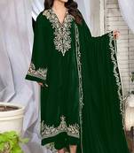 Green thread with sequince embroidery velvet festive palazzo straight pakistani salwar suit dupatta semi stitched