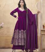 Purple foil print with mirror work roman silk anarkali salwar suit palazzo with dupatta fstive stitched long gown