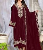 Maroon thread with sequince embroidery velvet festive palazzo straight pakistani salwar suit dupatta semi stitched