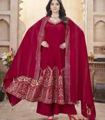Red foil print with mirror work roman silk anarkali salwar suit palazzo with dupatta fstive stitched long gown