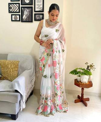 White pure georgette embroidery work saree with blouse piece 1