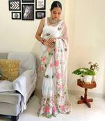 White pure georgette embroidery work saree with blouse piece