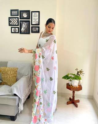 White pure georgette embroidery work saree with blouse piece 2