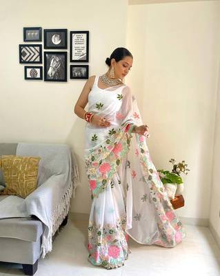White pure georgette embroidery work saree with blouse piece 3