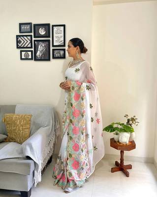 White pure georgette embroidery work saree with blouse piece 4