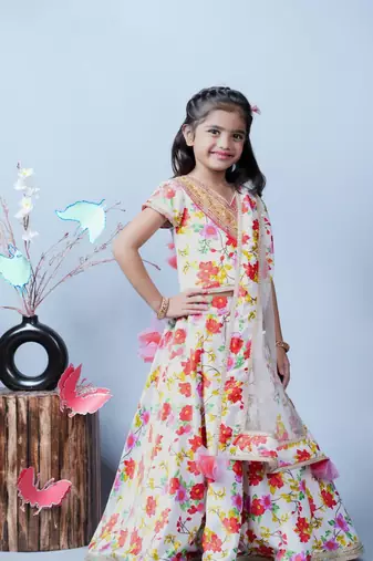 White Lengha Choli With Flower Printed