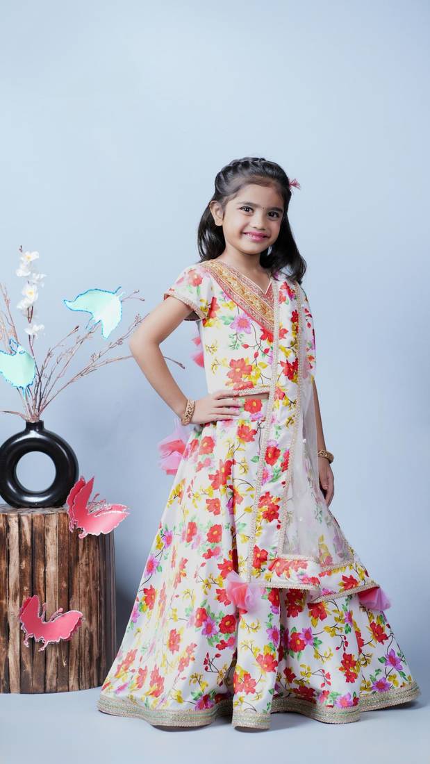 White Lengha Choli With Flower Printed