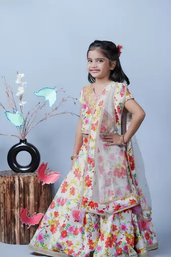 White Lengha Choli With Flower Printed